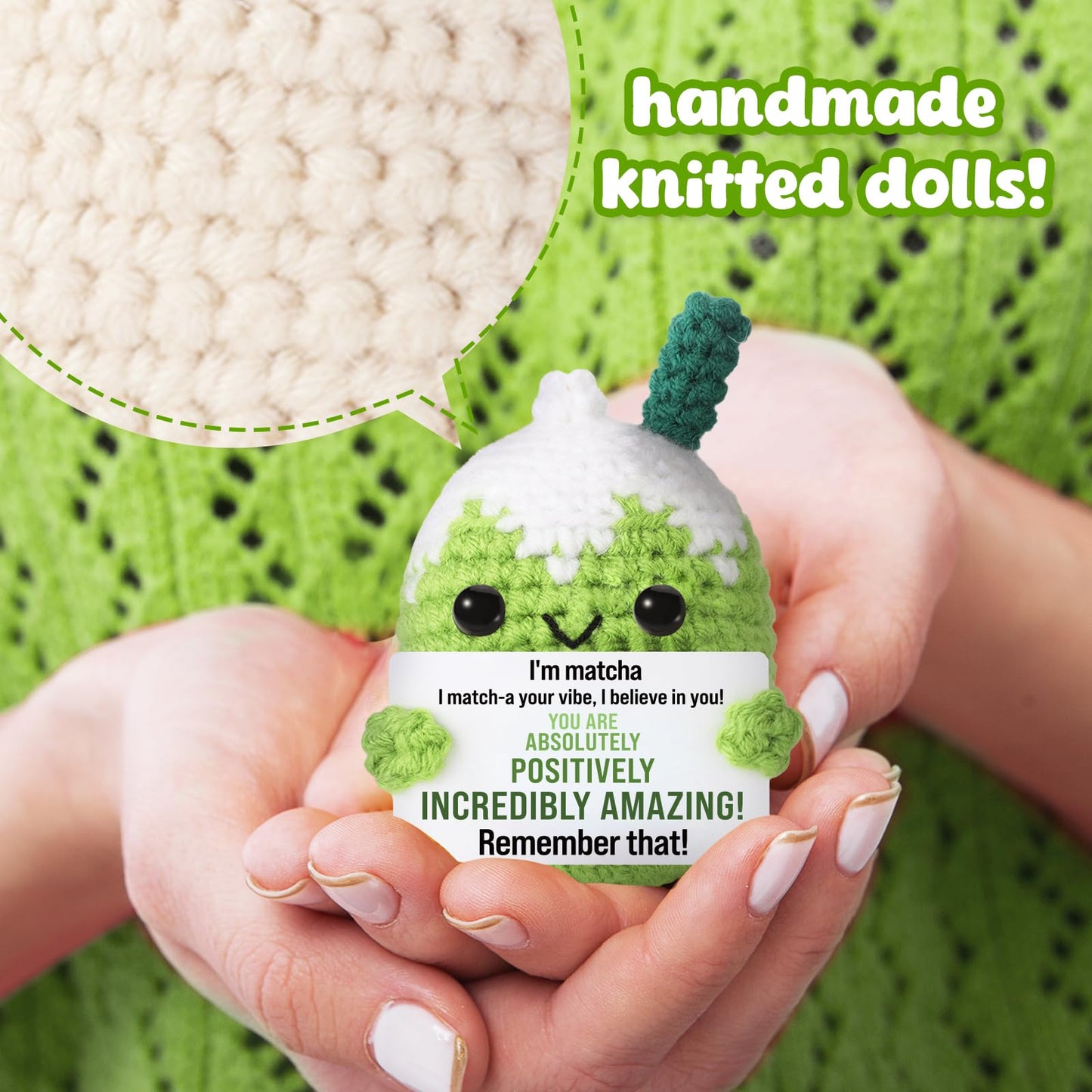 Ovrrcame Affirmations Crochet Matcha Buddy - Positive Vibes Card, 3.15 x 2 x 2 inches, You Are Amazing, Motivational Gift for Her