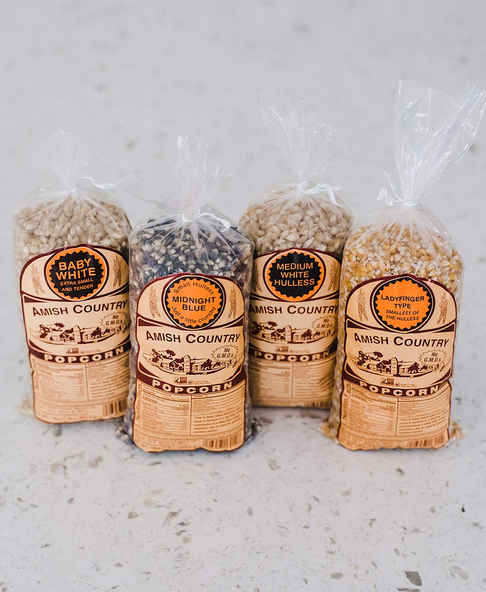 Amish Country Popcorn | 4-1 Lb Bags | Variety Pack | 1 Lb Baby White -1 Lb Medium White - 1 Lb Ladyfinger And 1 Lb Midnight Blue