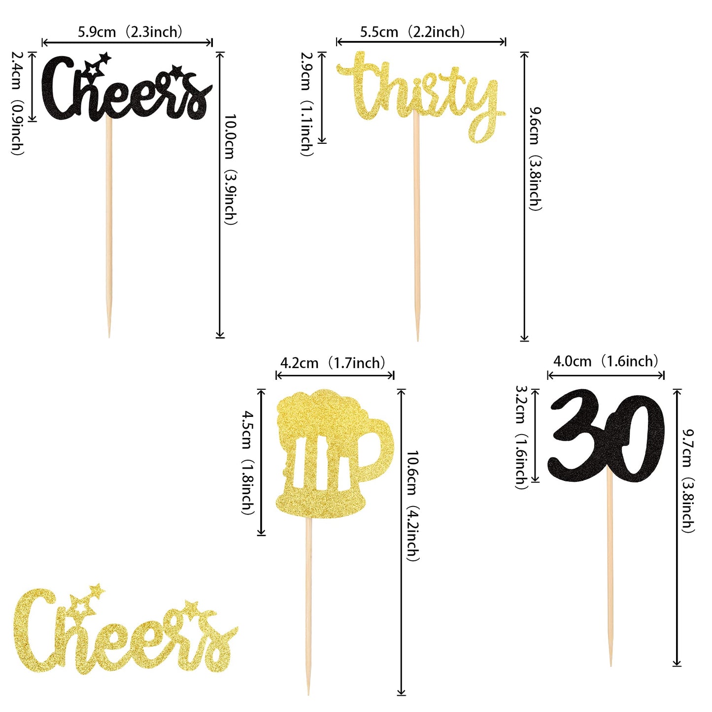 ZHUOWEISM 36 PCS Cupcake Toppers Glitter malt-inspired Mug 30th Birthday Decorations Small Gold+White