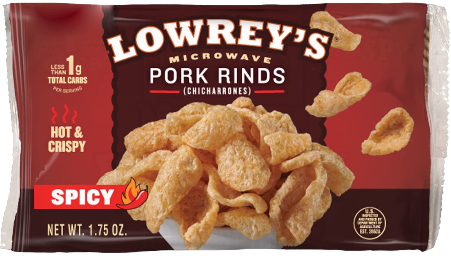 Lowreys Bacon Curls | Microwave Pork Rinds | Hot & Spicy | Four 1.75-Oz. Packets