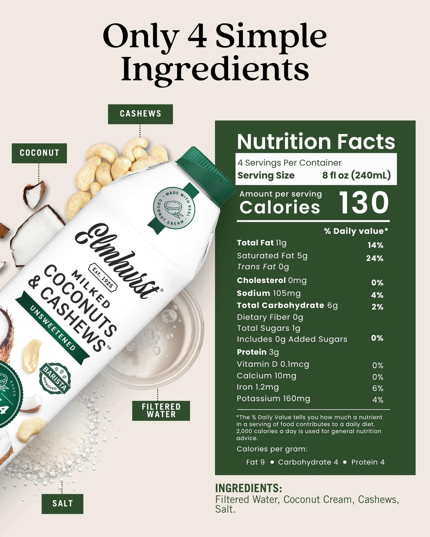 Elmhurst 1925 Unsweetened Coconut & Cashew Milk - 32 Ounce (Pack of 6) Dairy-Free  Gluten-Free  Vegan  Shelf Stable Milk Made w/ Coconut Cream & Cashews for Healthier  Simpler Plant-Based Alternatives