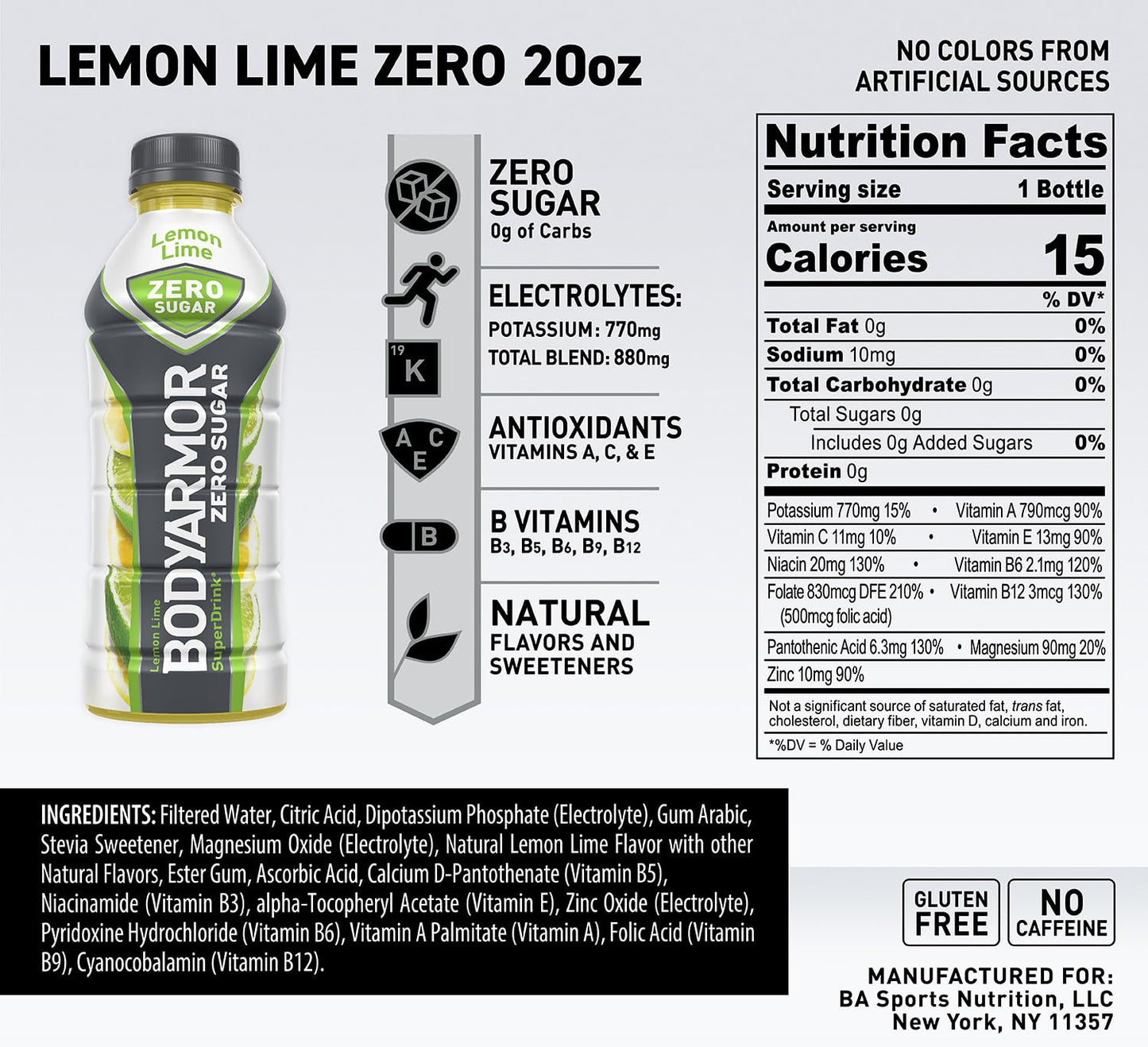 BODYprotective covering Zero Sugar Lemon Lime Sports Drink, Sugar Free, Low-Calorie, 20 fl oz (Pack of 6)