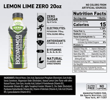 BODYprotective covering Zero Sugar Lemon Lime Sports Drink, Sugar Free, Low-Calorie, 20 fl oz (Pack of 6)