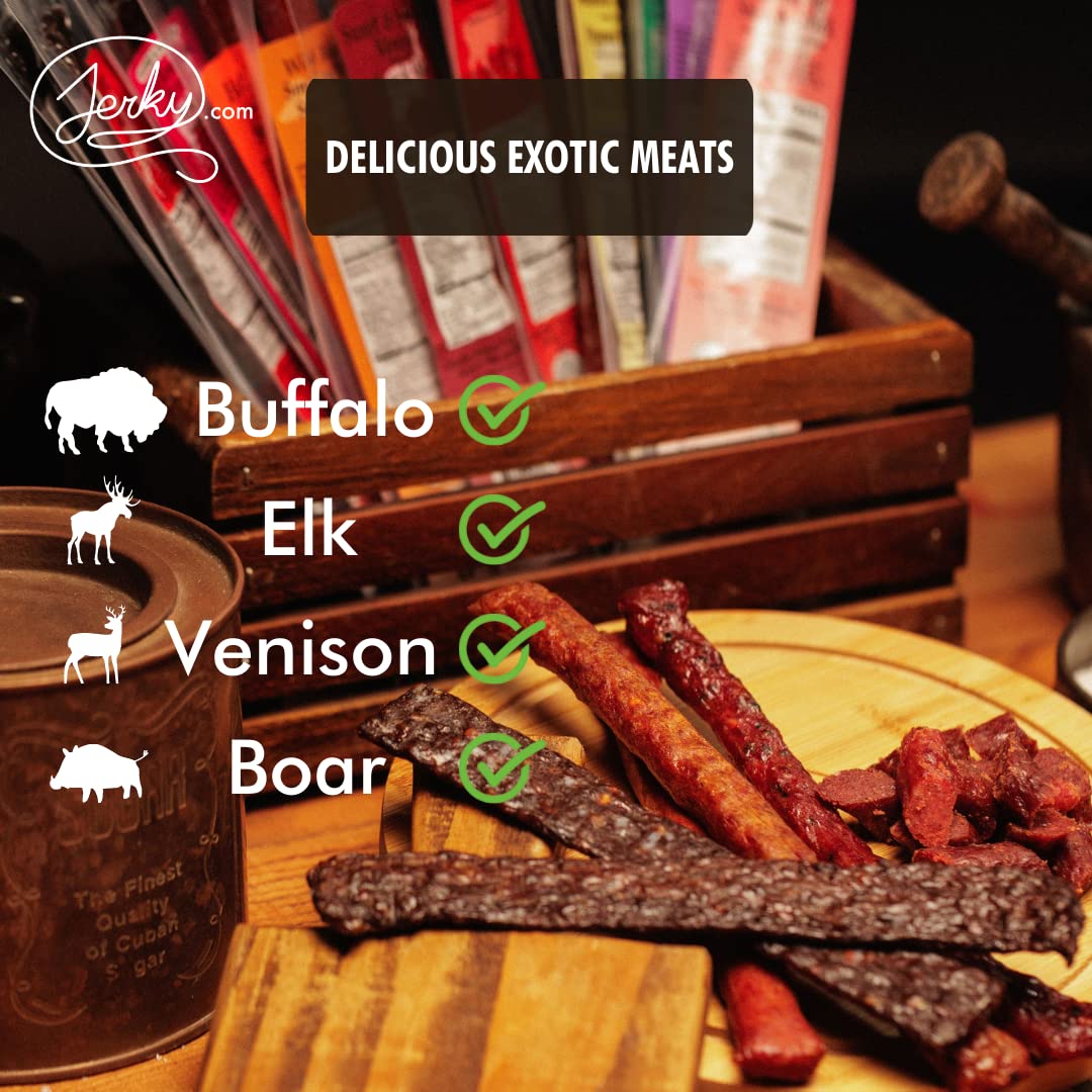 Jerky.Com Exotic Jerky Gift Basket - Wild Game Snack Sticks Gift Bag - Venison, Elk, Bison, Wild Boar - Exotic Meat Is The Main
