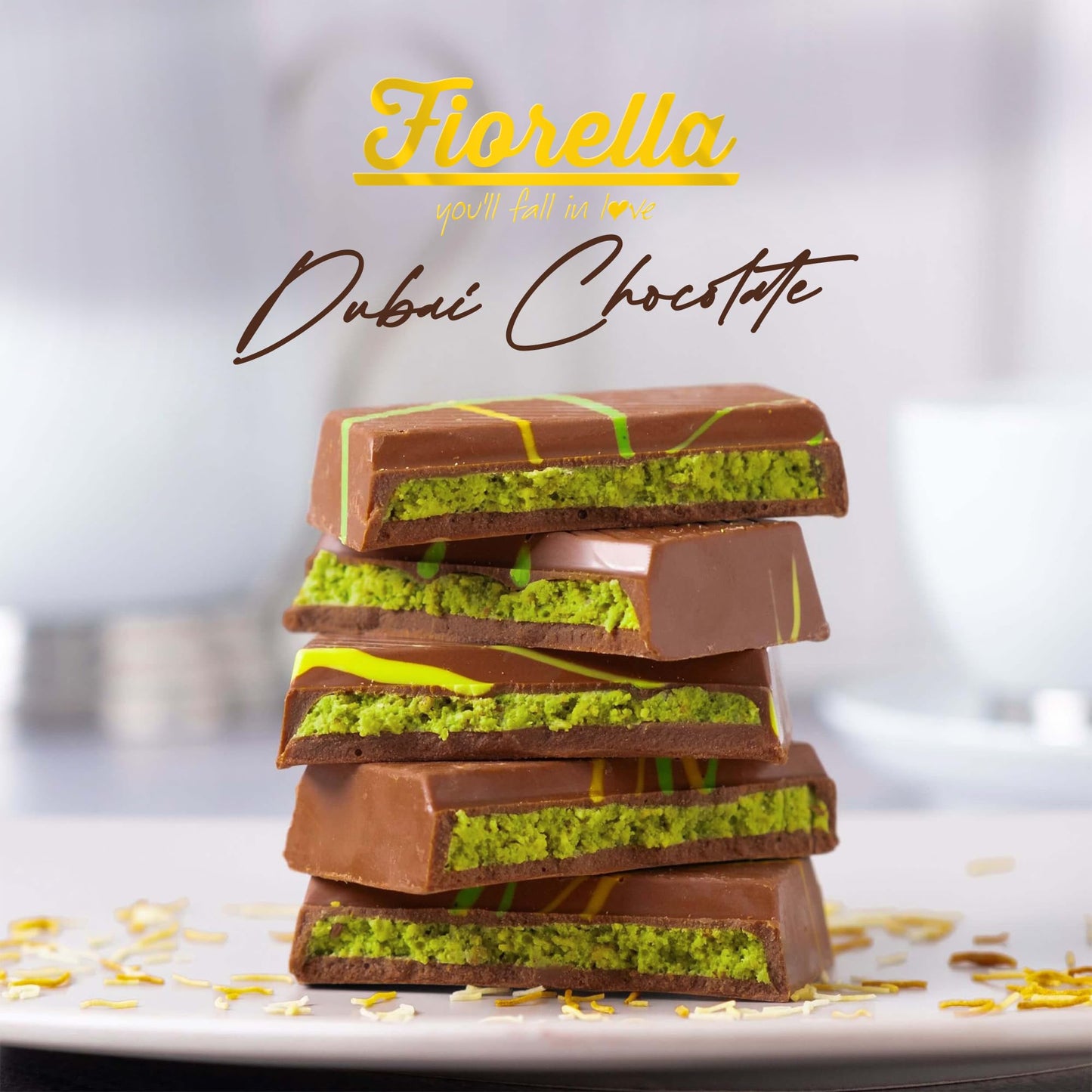 Fiorella Dubai Chocolate Bar Pistachio, Luxury & Premium Dubai Milk Chocolate Bar Filled With Pistachio Butter & Shredded Knafeh