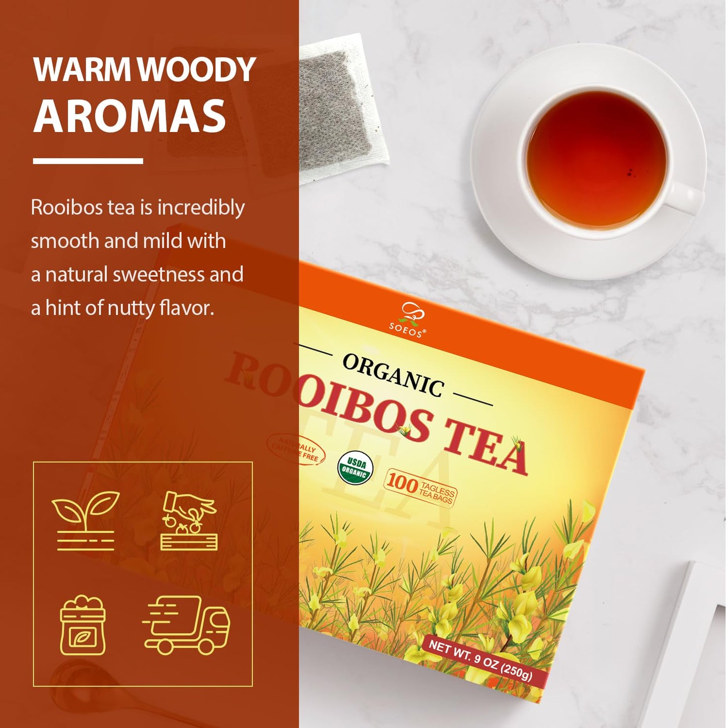 Soeos Organic Rooibos Tea  200 Teabags (2 Packs)  Naturally Caffeine Free  USDA and Non GMO Certify  Smooth and Robust Flavor  Excellent for Hot or Iced Brew  18oz (500g)