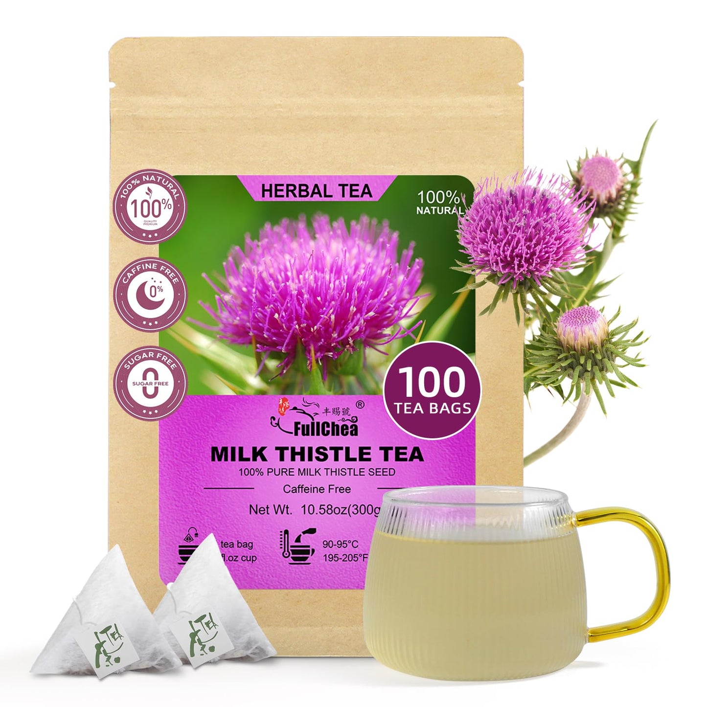 FullChea Milk Thistle Tea Bags - Herbal Detox Tea - 100 Count - Caffeine-Free
