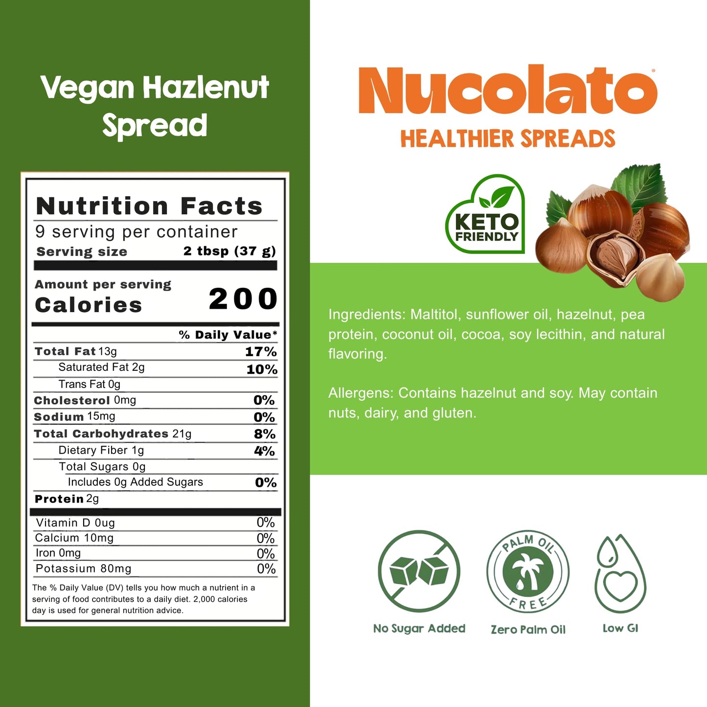 Nucolato Vegan Hazelnut Spread - Keto Friendly, No Sugar Added, 12.3 oz, Perfect for Desserts and Toppings