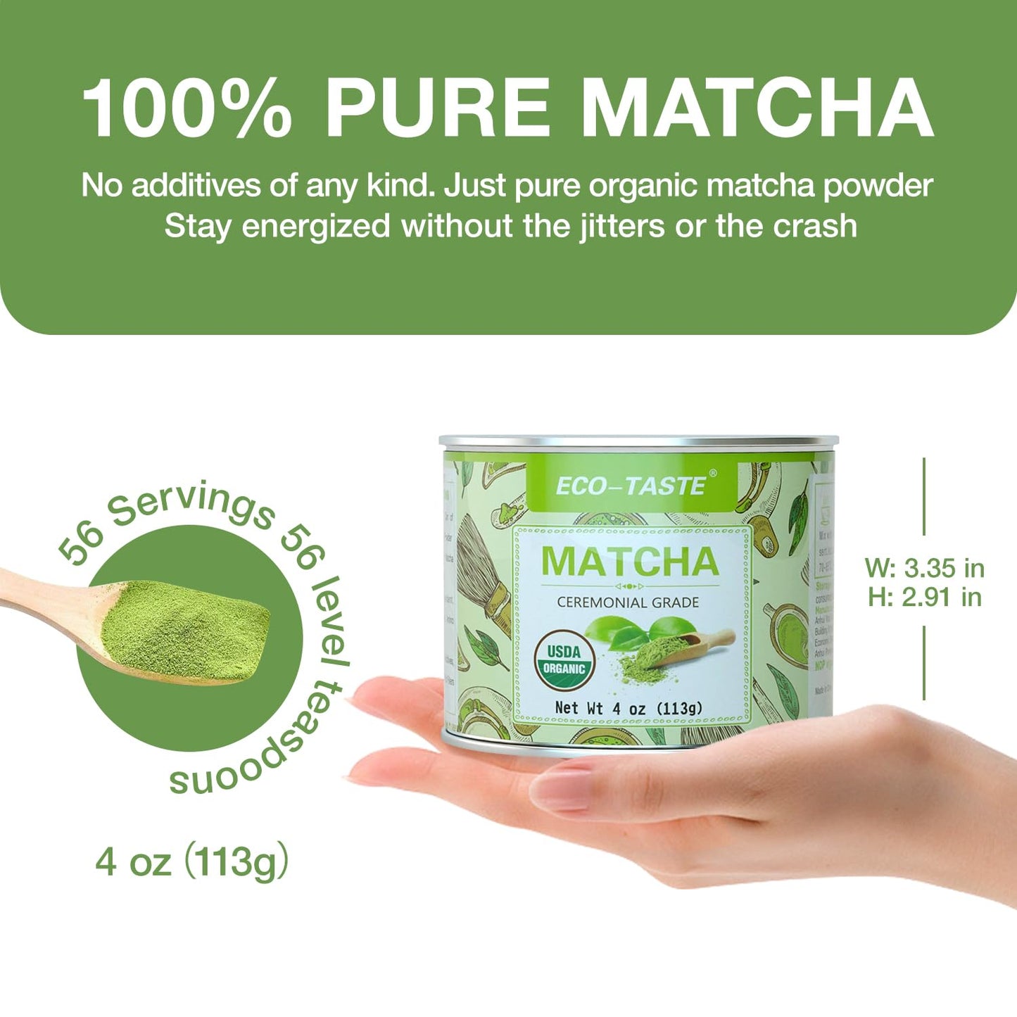 Matcha Green Tea Powder-4Oz(113G) Tin, 100% Natural & Pure, Ceremonial Grade, No Additives Or Fillers, No Gmo