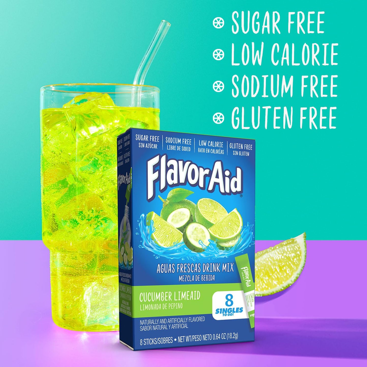 Flavor Aid Singles To Go Cucumber Lime Powder Drink Mix, 96 Servings, 8 Count, 1 Ounce Pack, Refreshing Hydration Solution