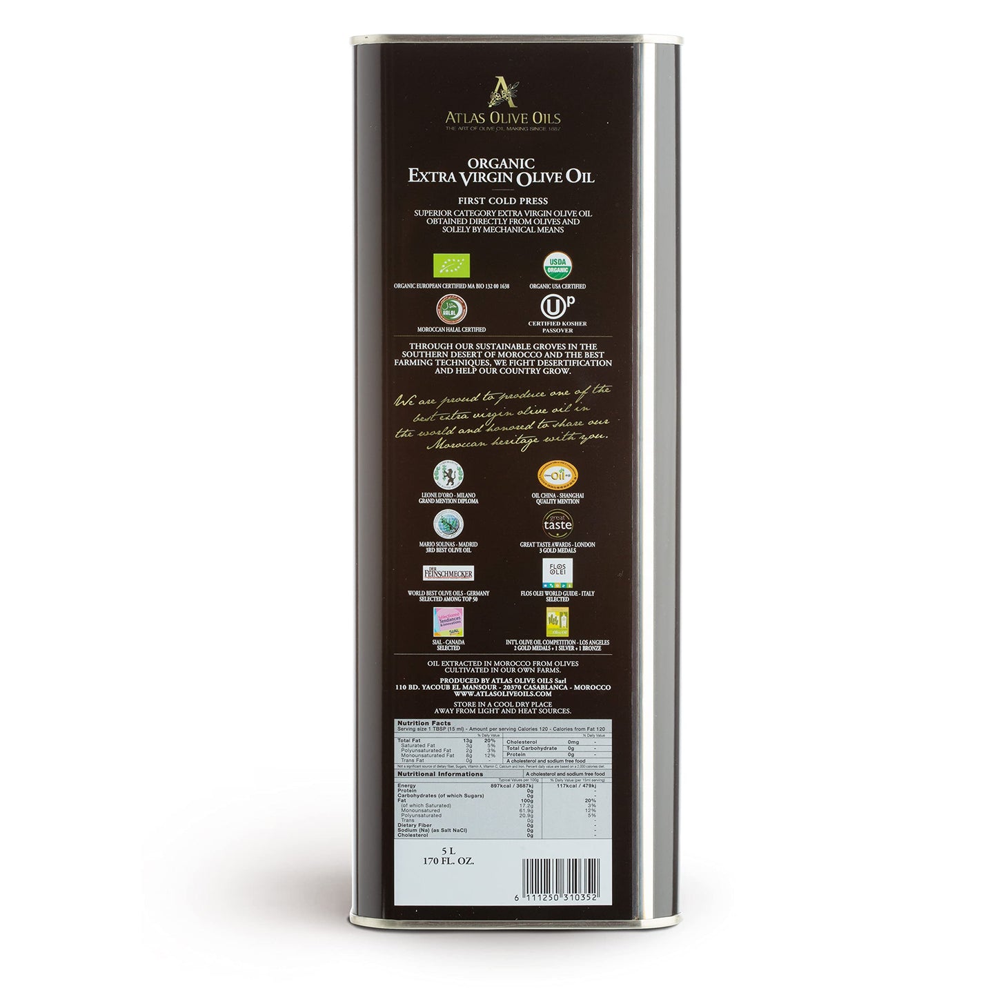 A Atlas Olive Oils Bulk Organic Cold Pressed Moroccan Extra Virgin Olive Oil, Polyphenol Rich, Newly Harvested Unprocessed From