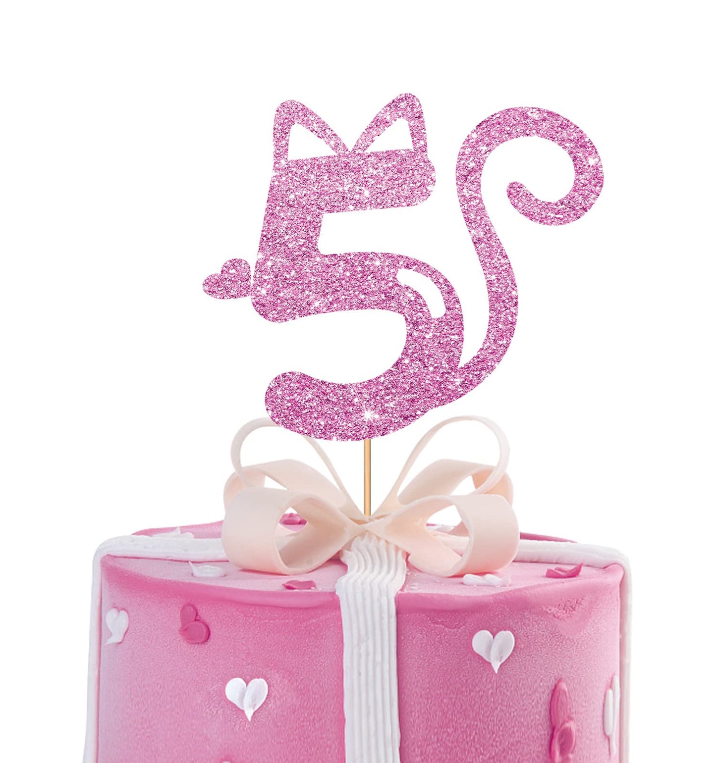 MINUET MINUTE Cat Five Cake Topper - Pink Glitter, Cardboard, Happy 5th Birthday Party Supplies