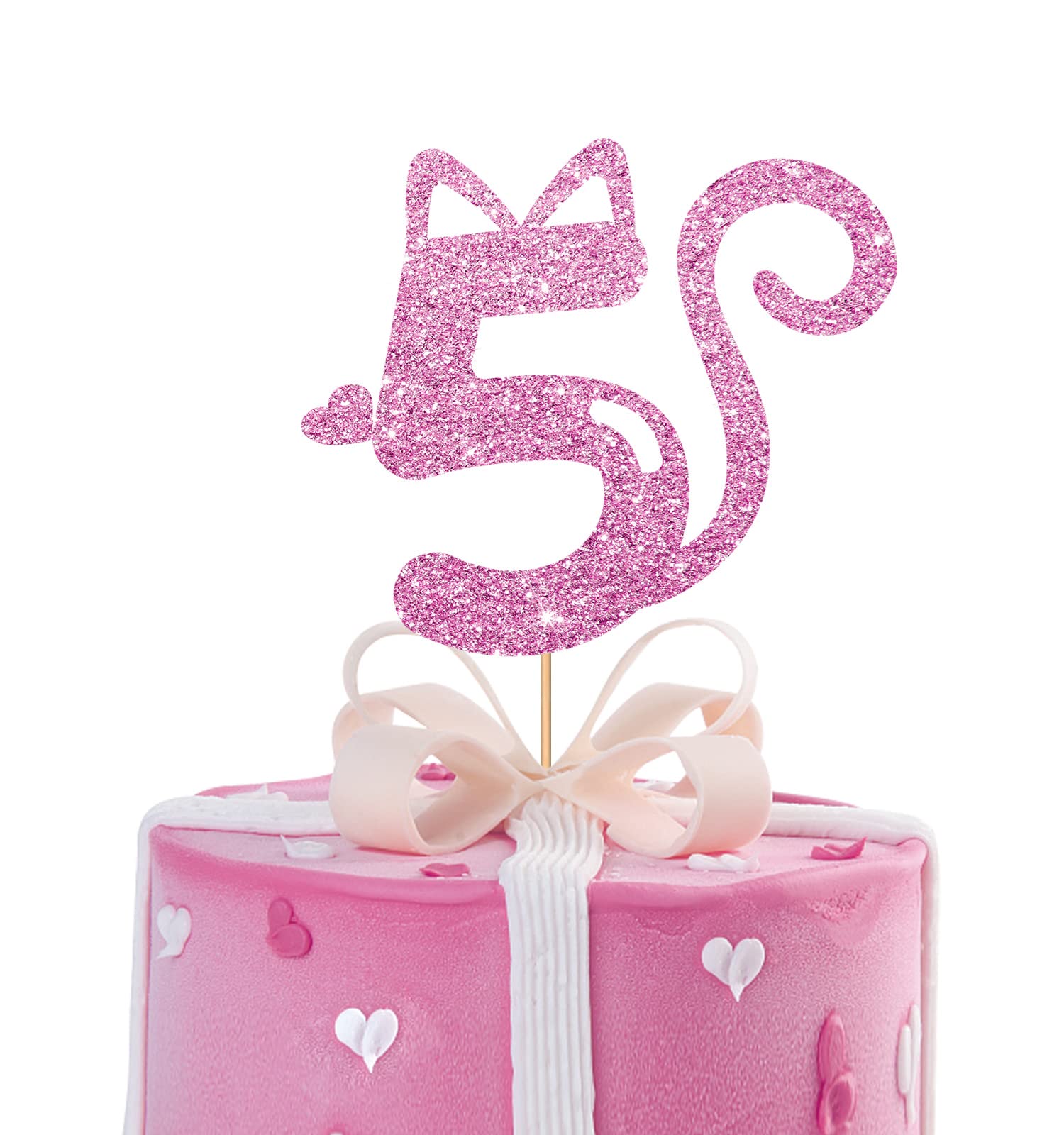 MINUET MINUTE Cat Five Cake Topper - Pink Glitter, Cardboard, Happy 5th Birthday Party Supplies