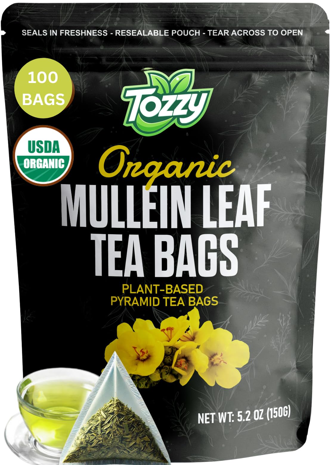 Tozzy Organic Mullein Tea - 100 Count, Plant-Based Pyramid Tea Bags | Supports Lung Health & Respiratory Wellness