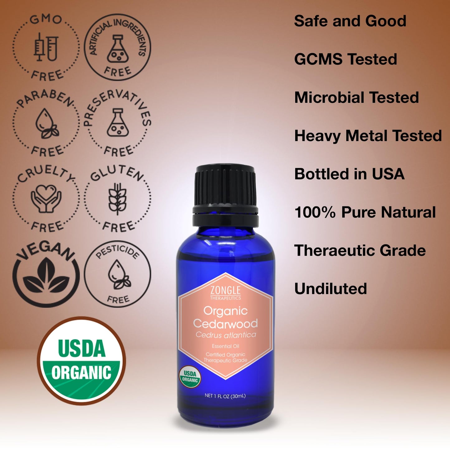 Zongle Usda Certified Organic Cedarwood Essential Oil, 1 Oz - For Hair Growth, Dogs, Skin, Closet, Cats, Wood, Scalp, Diffuser,