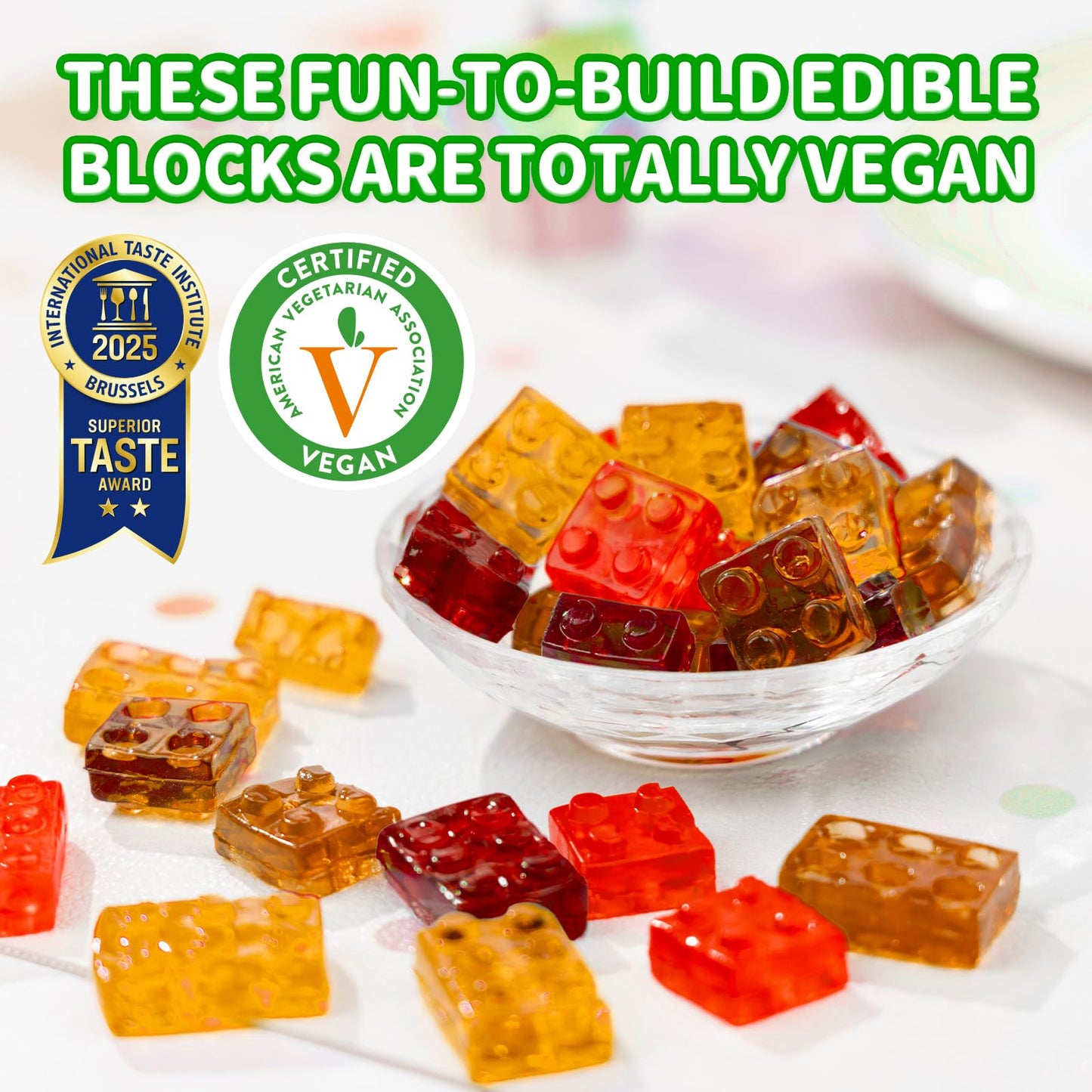 AMOS 4D Vegan Gummy Blocks Candy - Assorted Fruit Flavors  Made with Real Juice  Fun-to-Build Edible Blocks  Fat-Free  (8.47 oz Pack of 1)