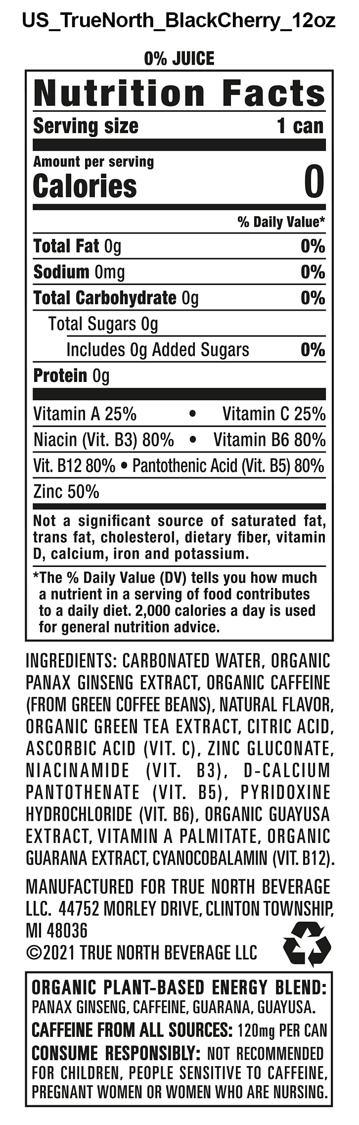 True North, Pure Energy Seltzer, Black Cherry, 12 Fl Oz (Pack Of 12)