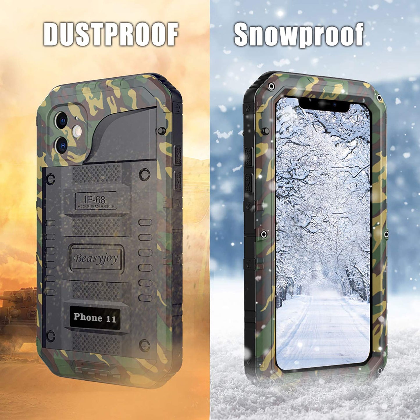 Beasyjoy iPhone 11 Waterproof Metal Case, Heavy Duty Full Body Protector, Shockproof & Dustproof, Military Grade, Camouflage