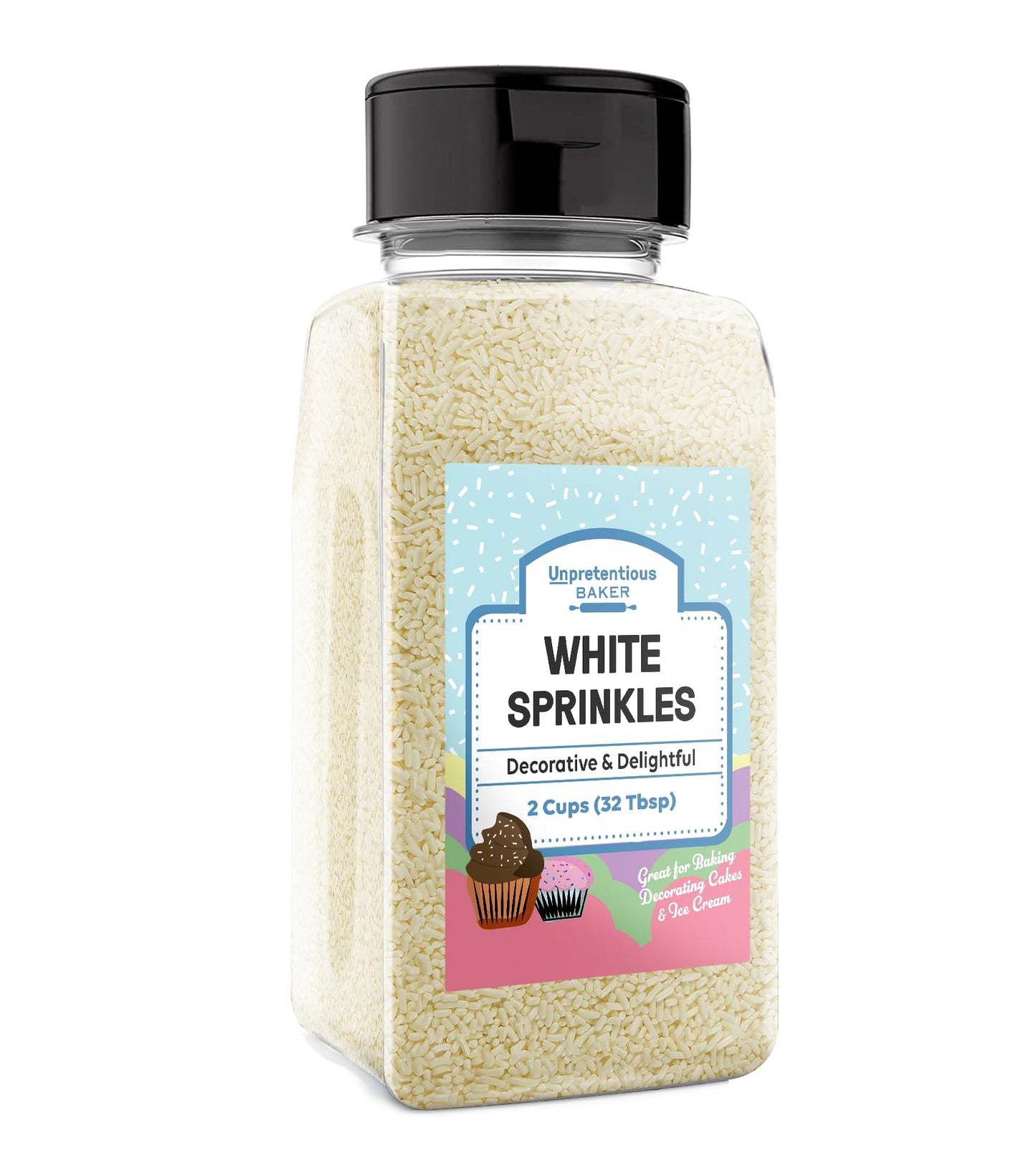 Unpretentious White Jimmies Sprinkles, 2 Cup Shaker Bottle, Light Ivory, Dessert Decorating, 12.8 Ounce