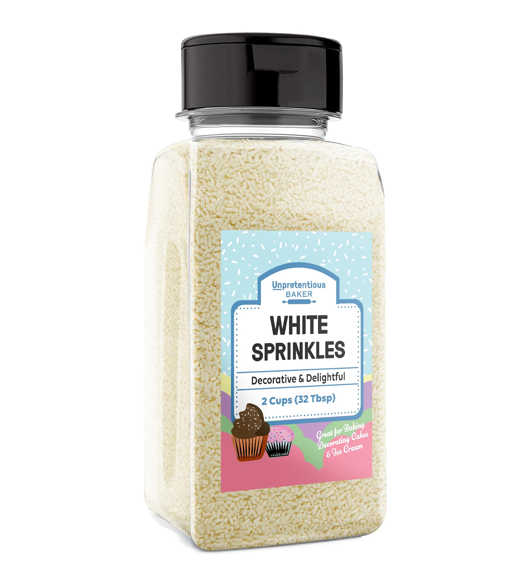 Unpretentious White Jimmies Sprinkles, 2 Cup Shaker Bottle, Light Ivory, Dessert Decorating, 12.8 Ounce