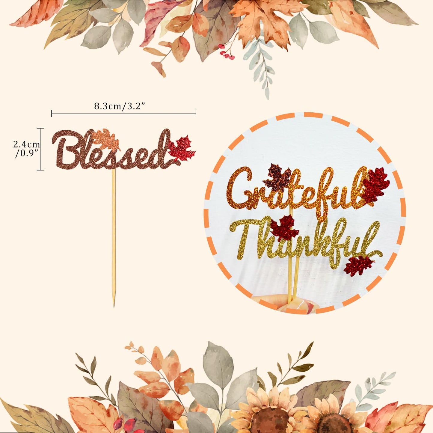 24 Pcs Fall Cupcake Toppers For Thanksgiving Day Decorations, Thankful Blessed Grateful Thanksgiving Cake Topper For Thanksgivin