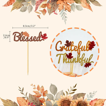24 Pcs Fall Cupcake Toppers For Thanksgiving Day Decorations, Thankful Blessed Grateful Thanksgiving Cake Topper For Thanksgivin