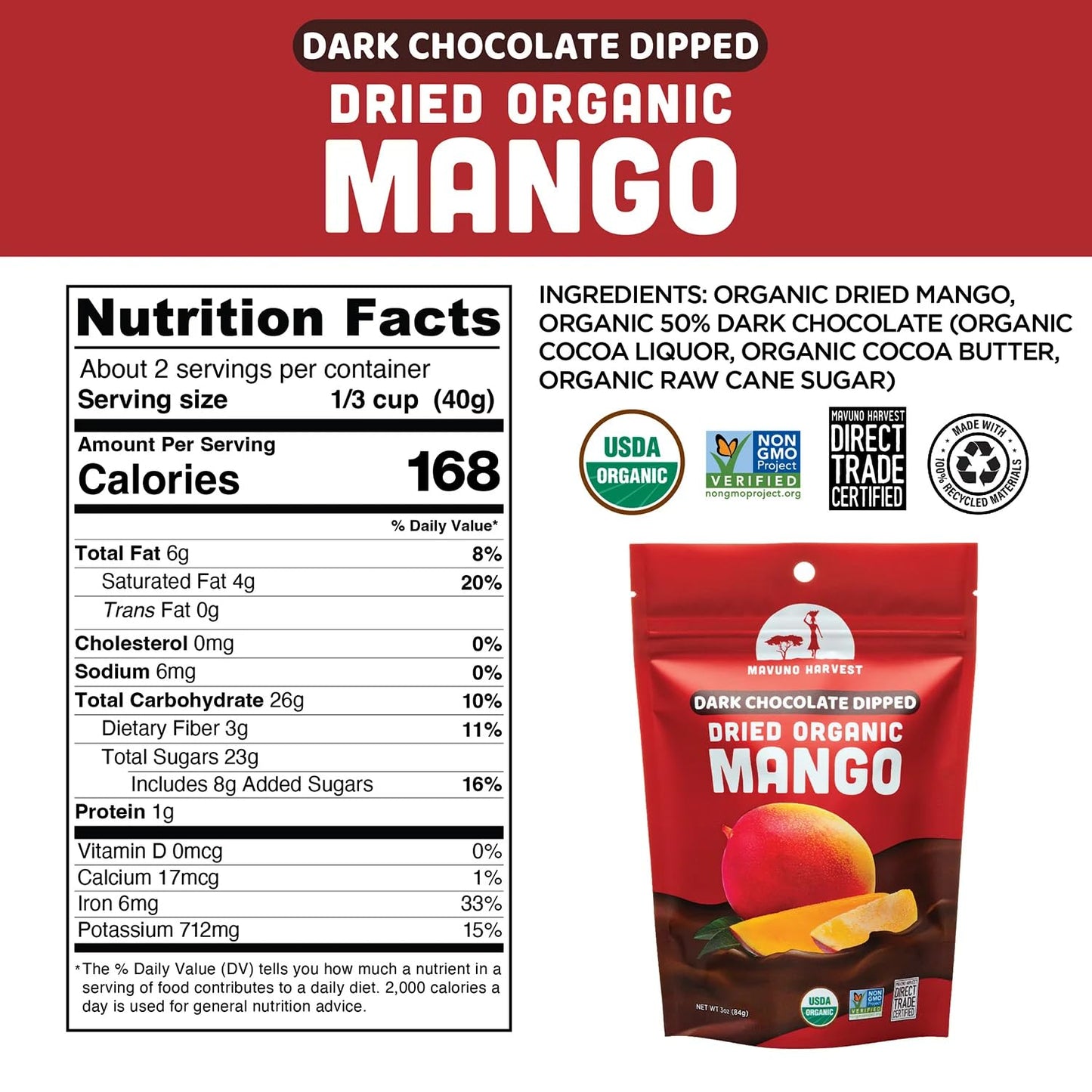 Mavuno Harvest Organic Chocolate Covered Mango - Organic Dried Mango Dipped In Dark Chocolate - Non Gmo, Fair Trade, No Preserva