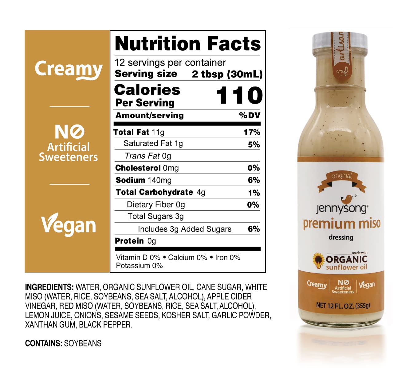 Jennysong Original Premium Miso Dressing - Made with Organic Sunflower Oil. creamy Vegan No Artificial Sweeteners and No Trans F