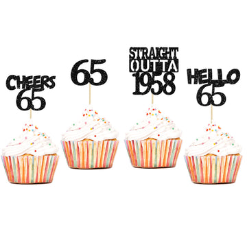 Gyufise 24Pcs Straight Outta 1958 Cupcake Toppers Glitter Sixty-five Happy 65th Cupcake Picks Cheers to 65 Years Birthday Cake D