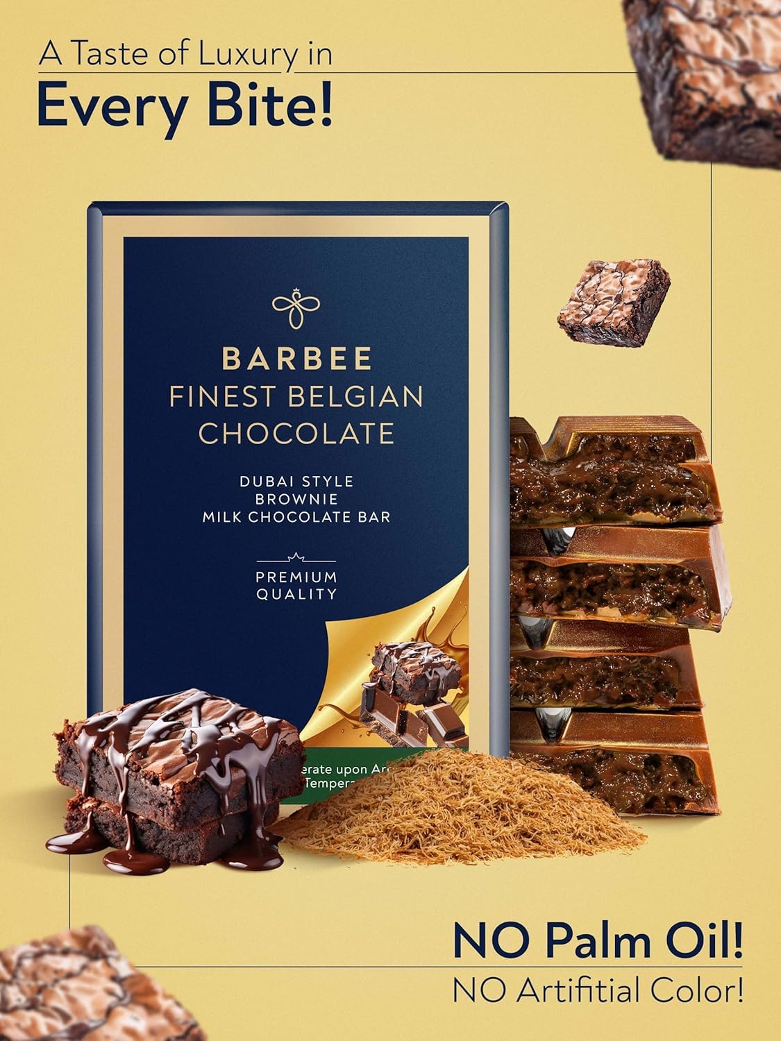 Barbee Dubai Chocolate Bar With Brownie And Cruncy Kadaifi | No Palm Oil | No Artificial Colors | Milk Chocolate - Brownie 7 Oz (200G)