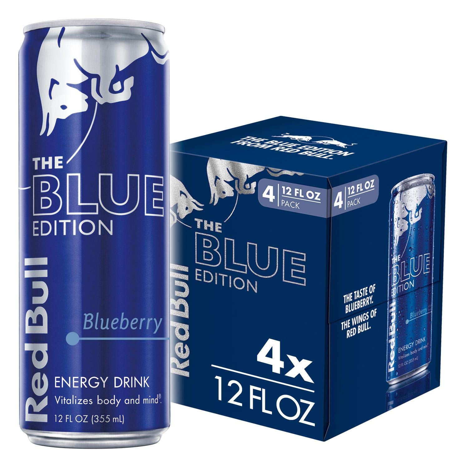 Red Bull Energy Drink Blue Edition, Blueberry Flavor, 114mg Caffeine, 12 Fl Oz, Pack of 4 Cans