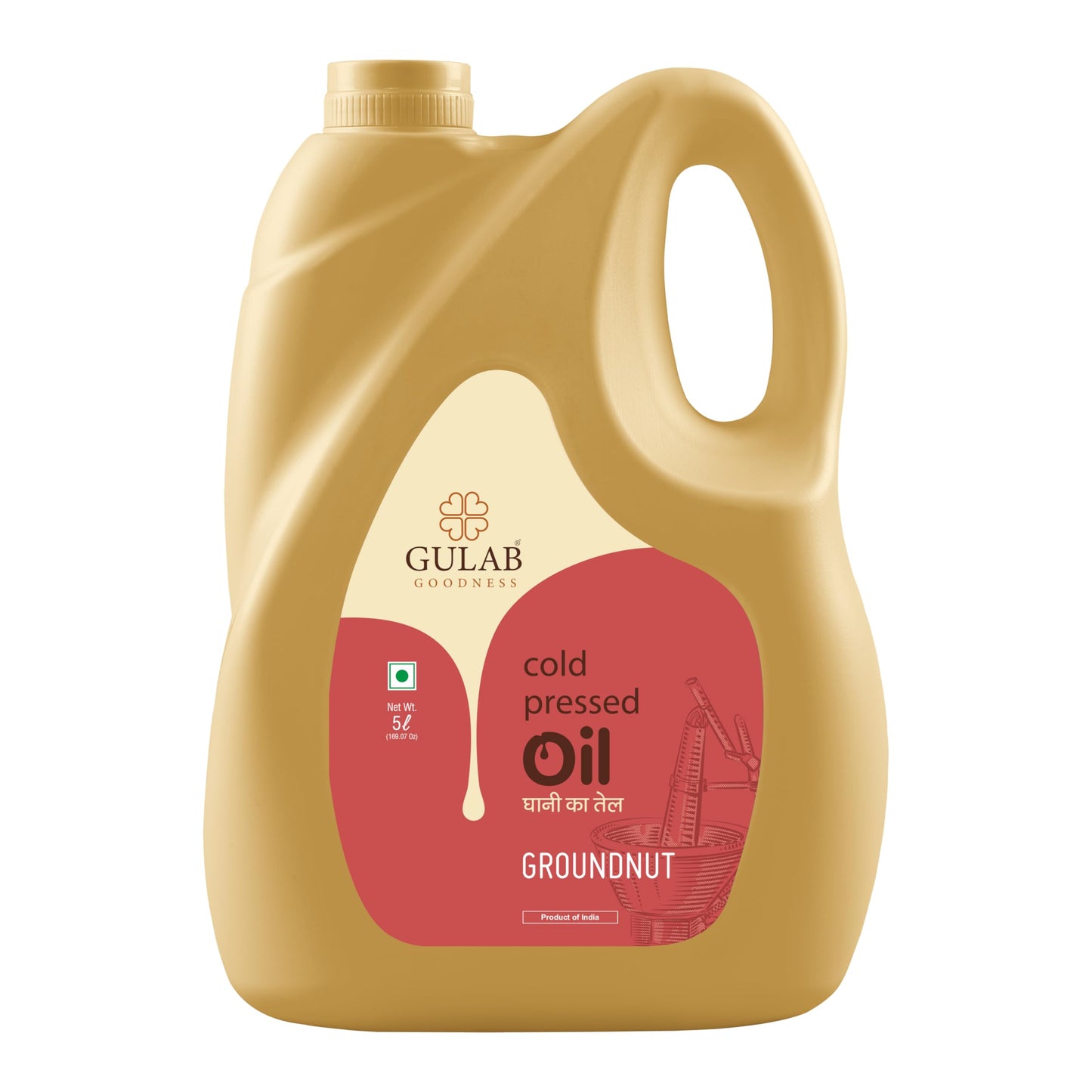 Gulab Cold Pressed Groundnut Oil - 5 Litre | Peanut Oil | Sing Tel | Kolhu/Kachhi Ghani/Chekku/Wood Pressed | Natural Cooking Oi