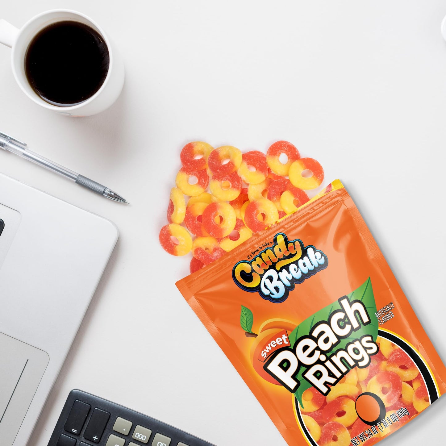 Candy Break Fruity Peach Rings 24 Oz Share Size Bag - Sweet & Chewy Gummies Bulk Candy Pack - Snacks For Kids & Grown Ups