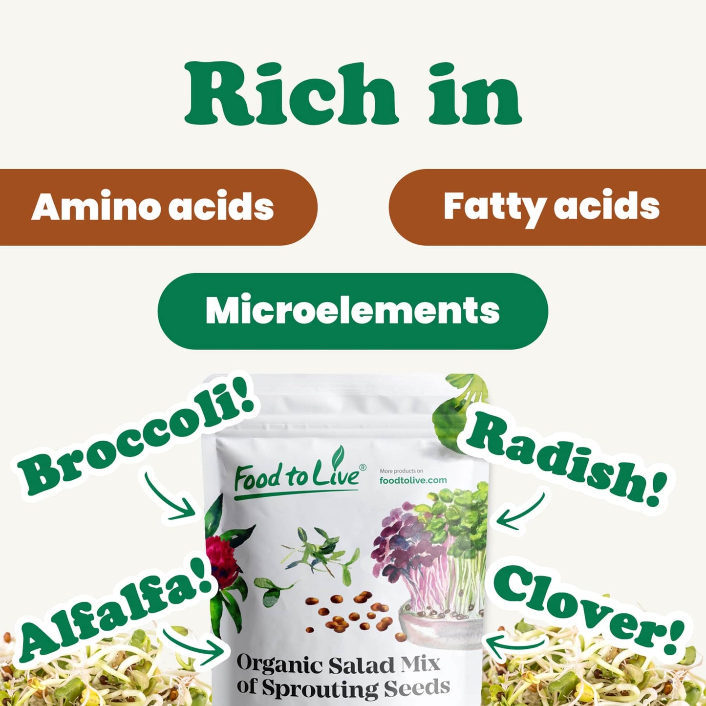 Food to Live Organic Salad Mix of Sprouting Seeds, 8 Ounces - Non-GMO Broccoli, Radish, Clover, Alfalfa. Rich Germination Rate,