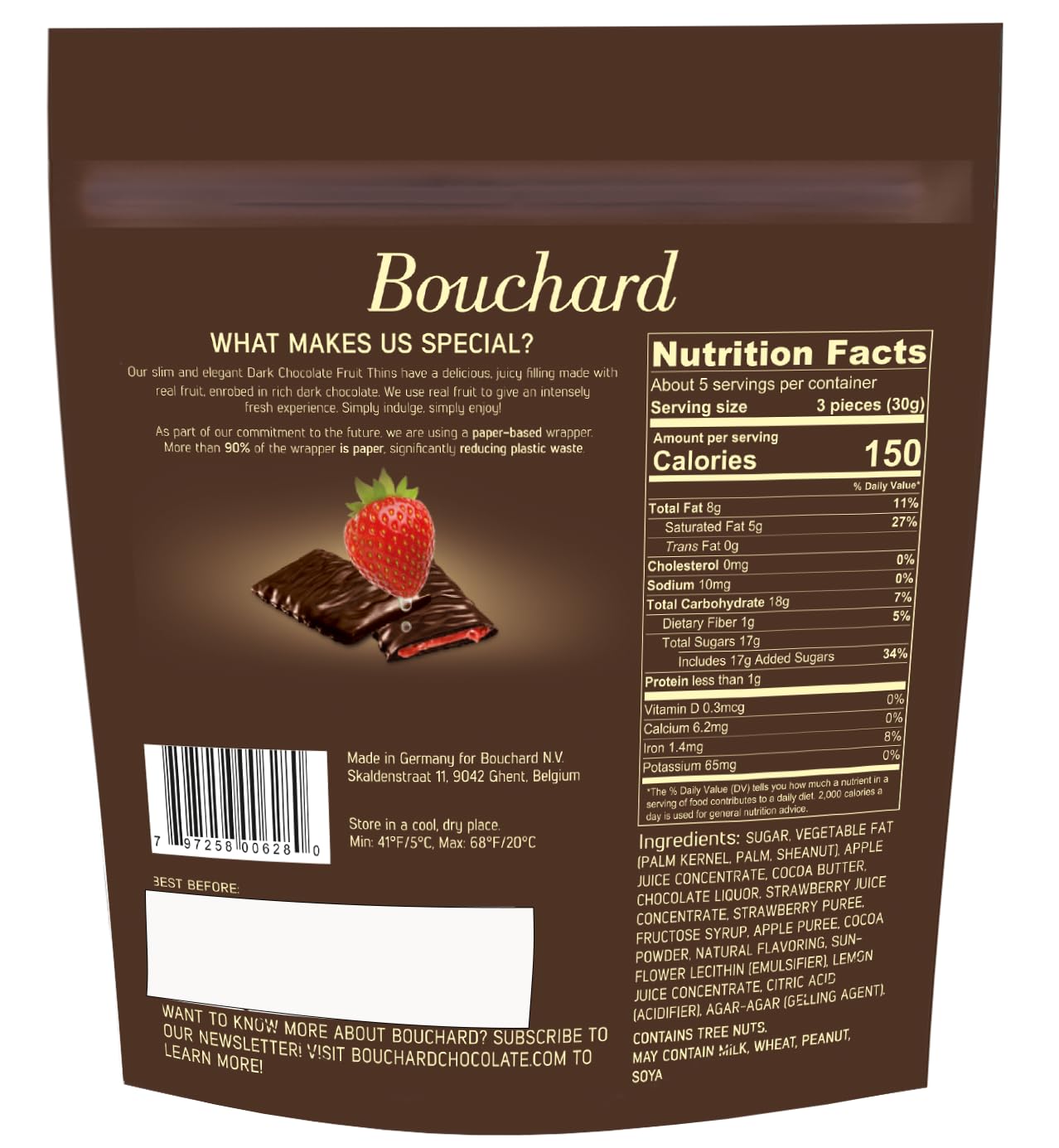 Bouchard Dark Chocolate Strawberry Thins, 5.3 OZ (Pack of 4)