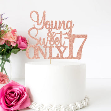 Young And Sweet Only 17 Cake Topper, Happy 17Th Birthday Decorations, Cheers To 17 Years Old Birthday Party Decorations Rose Gol