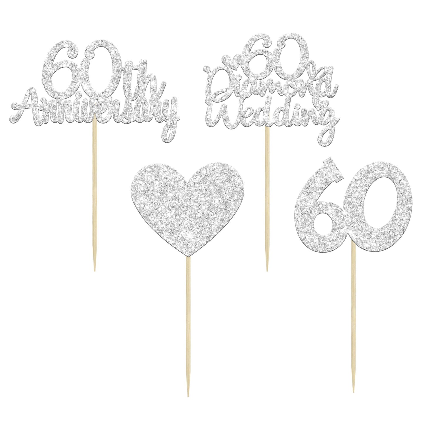Gyufise 24Pcs 60Th Wedding Anniversary Cupcake Toppers Silver Glitter 60Th Diamond Wedding Anniversary Heart Cake Decoration For
