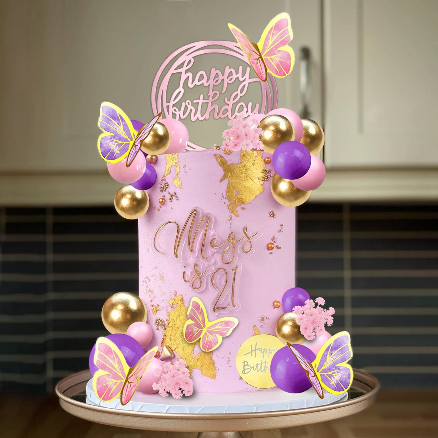 51 Pcs Pink Purple Balls Cake Toppers Butterfly Cake Decorations Happy Birthday Cake Topper For Wedding Baby Shower Birthday Flo