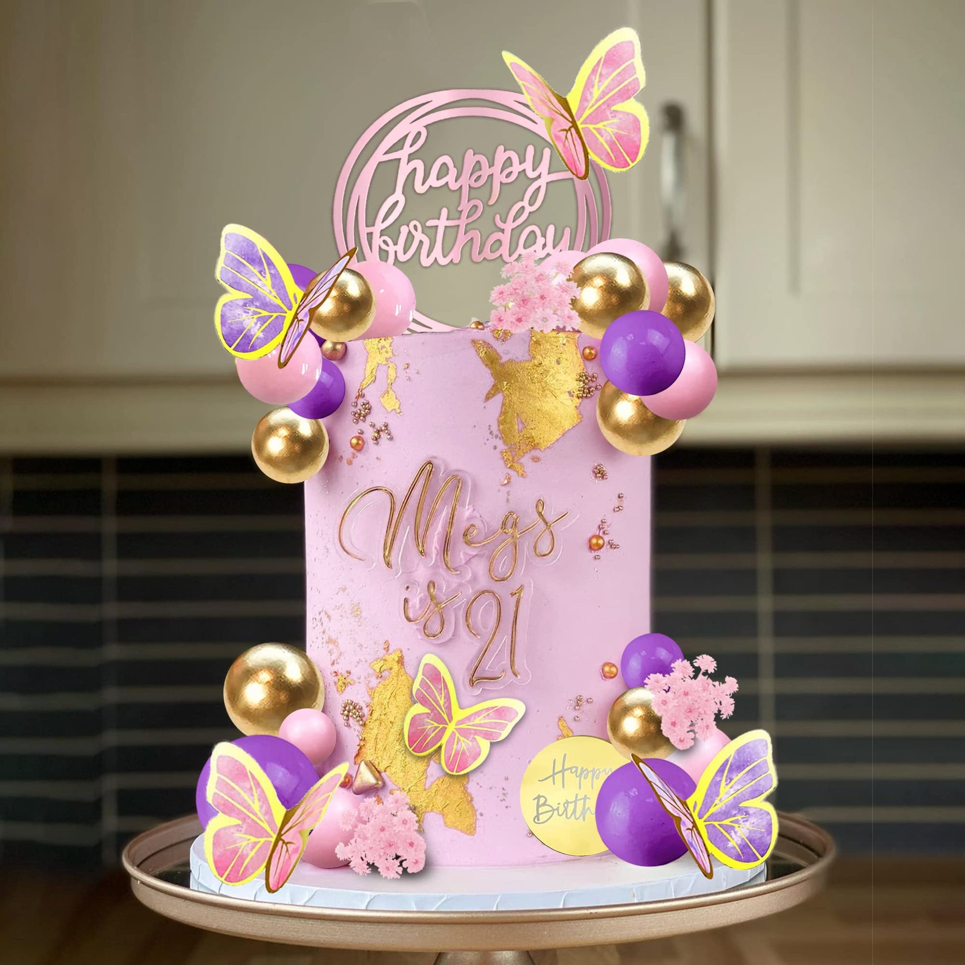 51 Pcs Pink Purple Balls Cake Toppers Butterfly Cake Decorations Happy Birthday Cake Topper For Wedding Baby Shower Birthday Flo