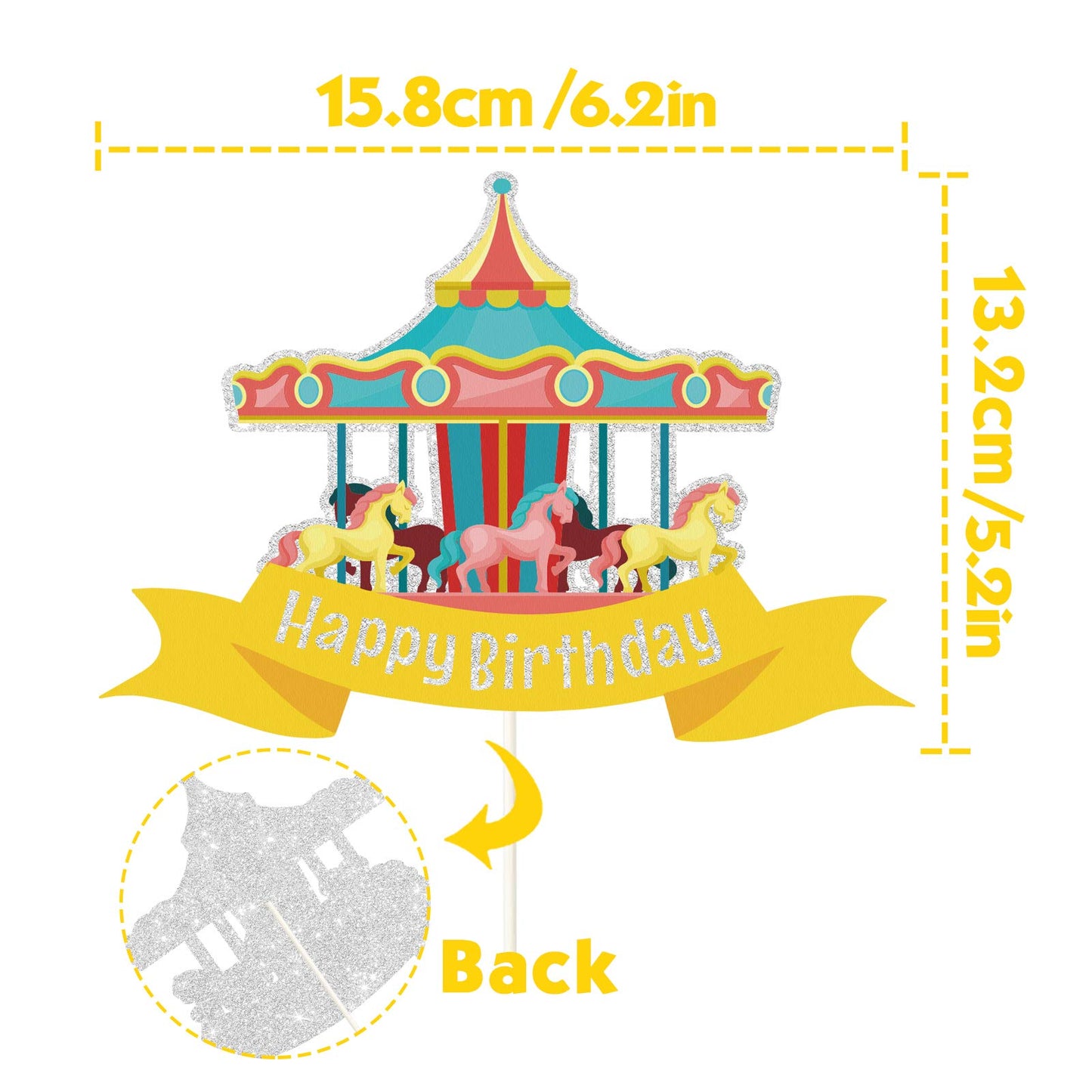 ChienMin Glitter Carousel Cake Topper for Birthday, Holographic Paper Decoration for Little Girl Fairy Tale Theme