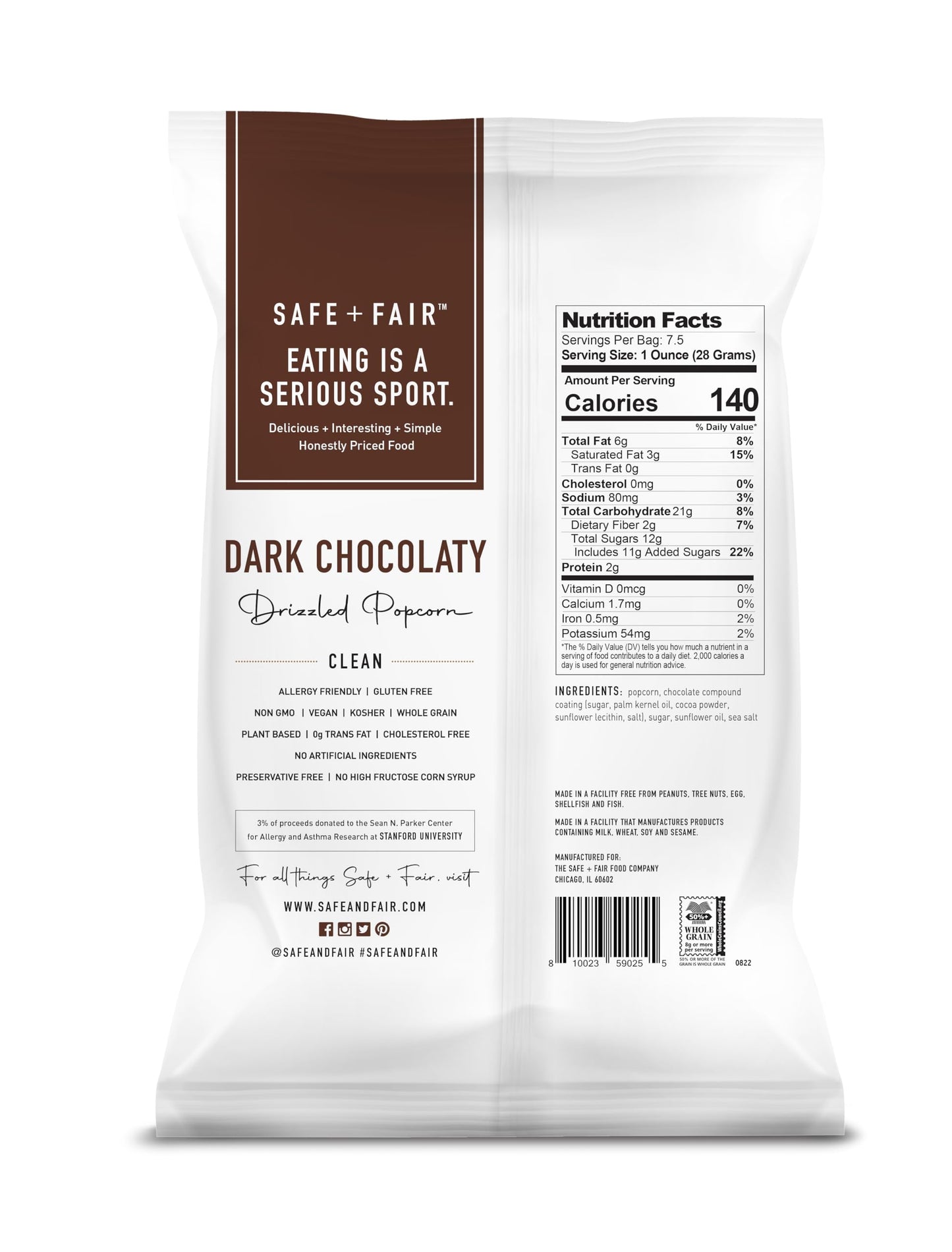 Safe + Fair Food Company Plant-Based Gourmet Chocolate Flavored Popcorn - Dark Chocolaty Drizzled Kettle Corn popcorn - Non-GMO