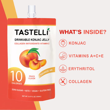 Tastelli Konjac Jelly Drink with Collagen + Vitamin C, 10 Calories, Vegan, Peach, 150mL x 10 Pouches