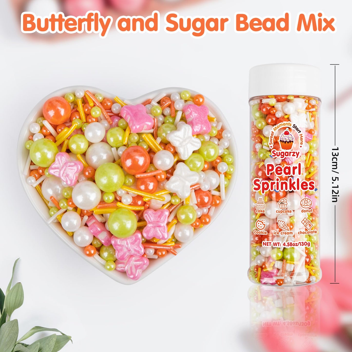 Sugarzy Butterfly Sprinkles, Edible Pearl Sugar, Mixed Sizes, 130g, Orange White Pink, Perfect for Baking and Decorating