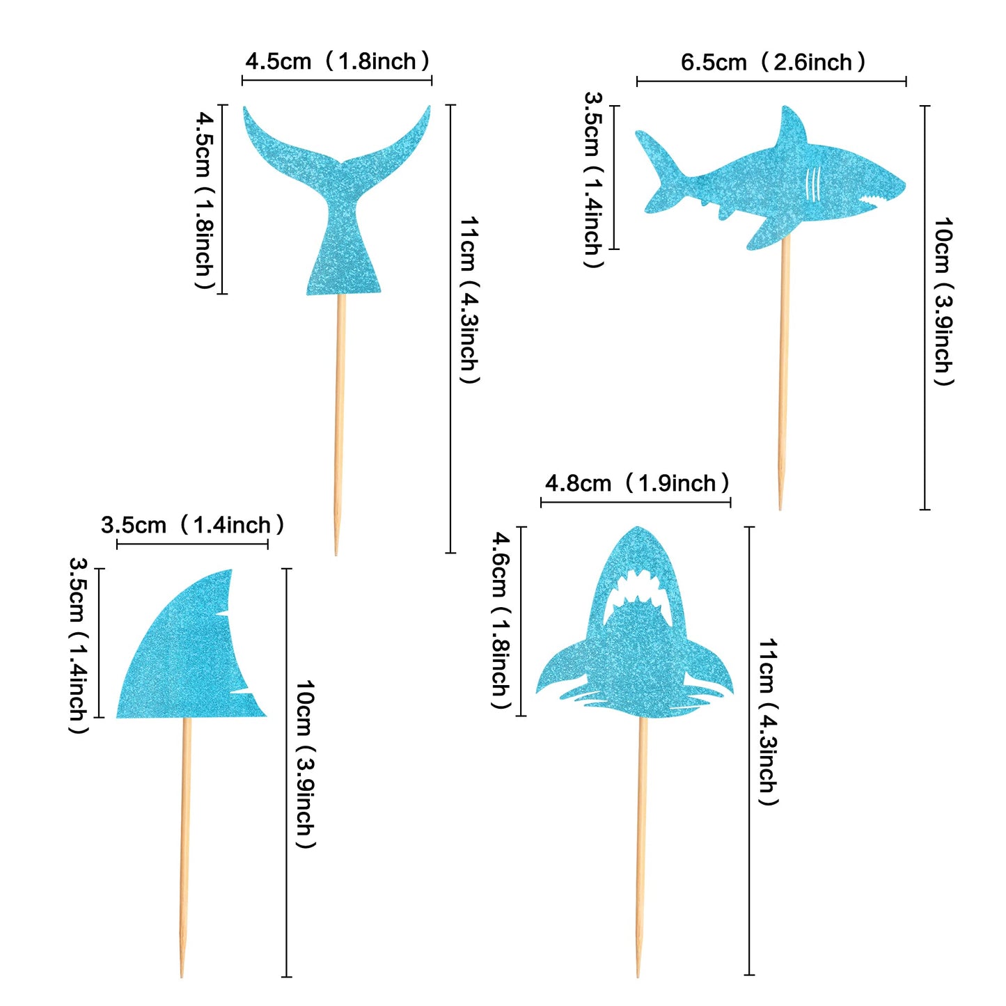 Ercadio Shark Cupcake Toppers - 24 Piece Assortment, Blue Glitter Shark Fin, Ocean Animals Theme for Baby Shower & Kids Birthday Party