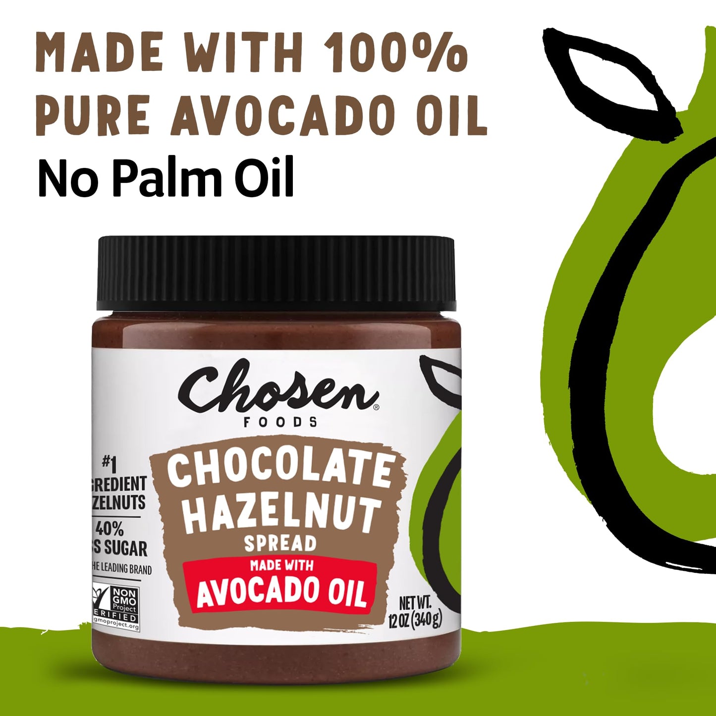 Chosen Foods Chocolate Hazelnut Spread - Made with 100% Pure Avocado Oil, Simple Ingredients, 40% Less Sugar, Vegan, Free of Pal