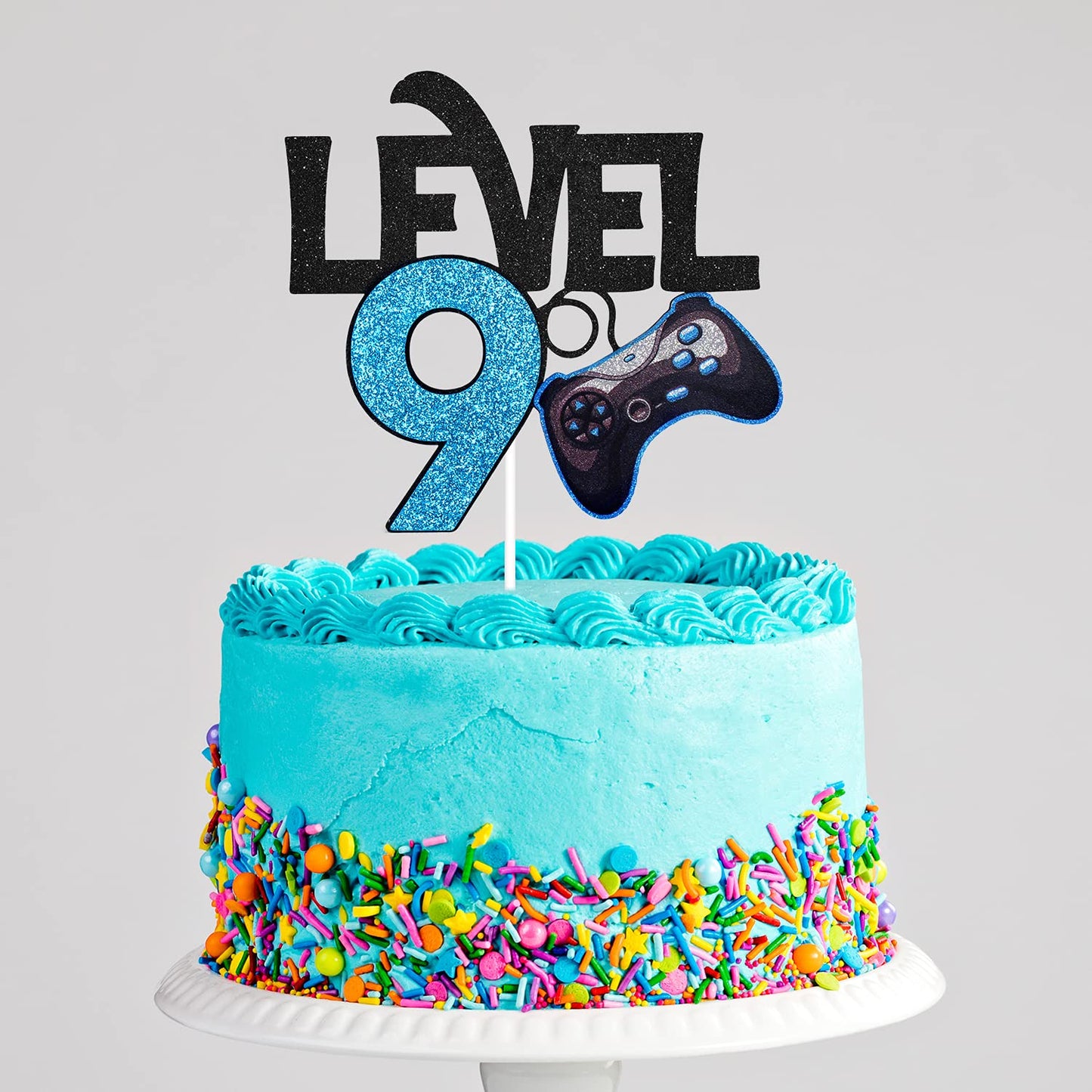 Caiwowo Level 9 Game Birthday Cake Topper - Blue Paper Decoration for Boys 9th Birthday Party