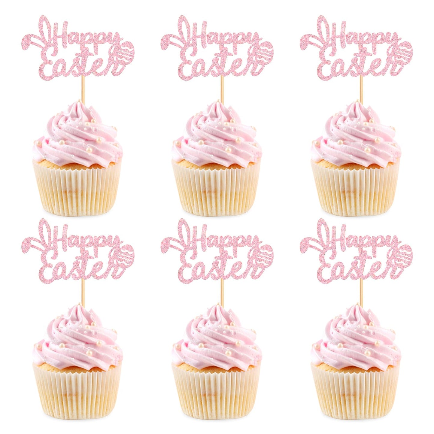 24Pcs Glitter Pink Happy Easter Cupcake Toppers Easter Day Cupcake Picks For Easter Baby Shower Pink Girls Birthday Party Easter Bridal Shower Engagement Wedding Cake Cupcake Decorations