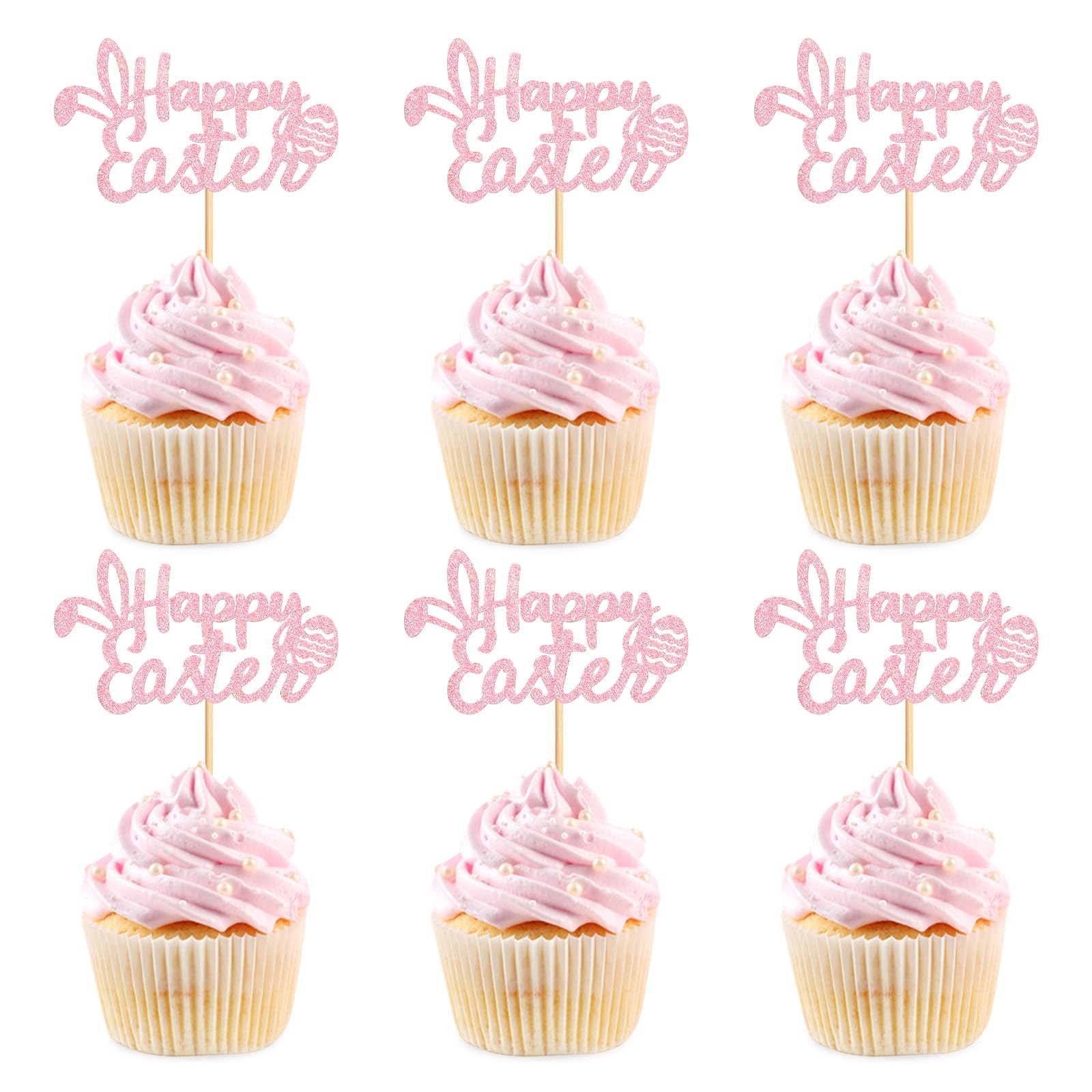 24Pcs Glitter Pink Happy Easter Cupcake Toppers Easter Day Cupcake Picks For Easter Baby Shower Pink Girls Birthday Party Easter Bridal Shower Engagement Wedding Cake Cupcake Decorations
