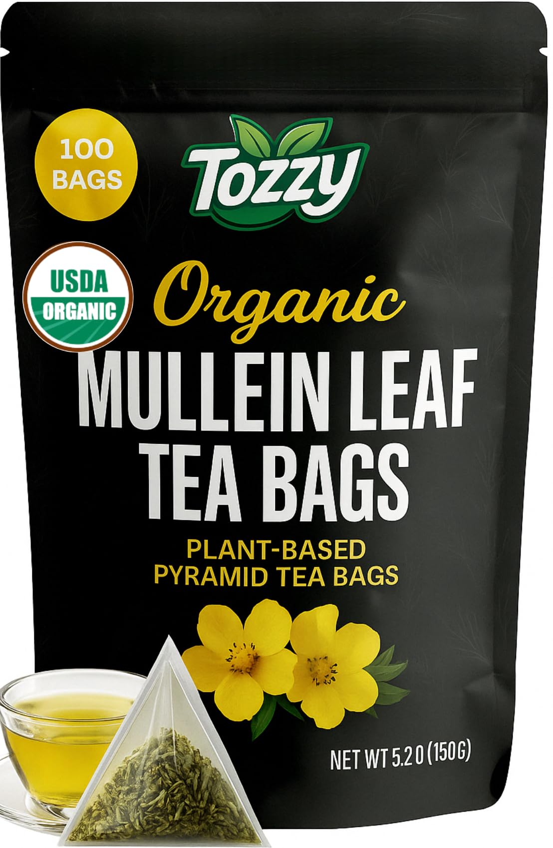 Tozzy Organic Mullein Tea - 100 Count, Plant-Based Pyramid Tea Bags | Supports Lung Health & Respiratory Wellness