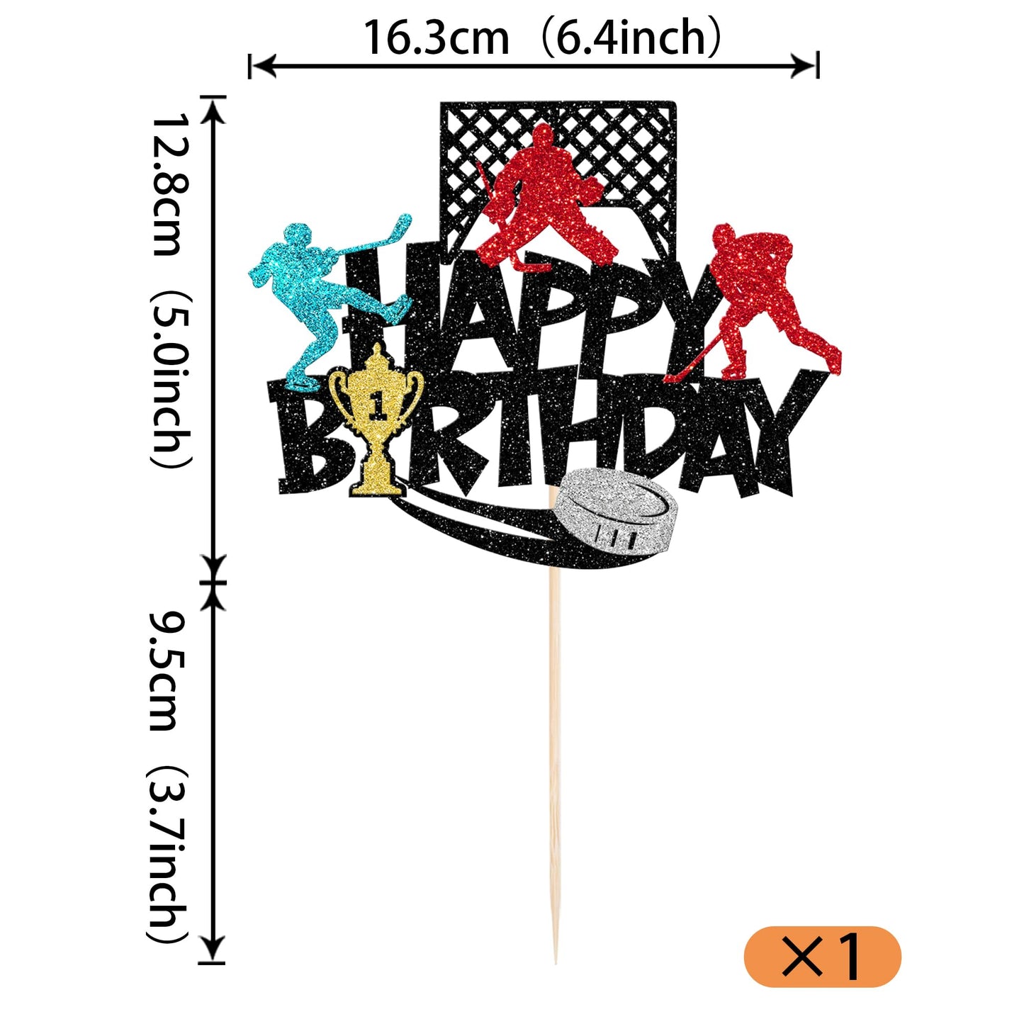 Rssta i Hockey Cake Topper, Glitter Ice Hockey Player, Cardstock, Design 4 Black, Perfect for Birthday Party Decorations